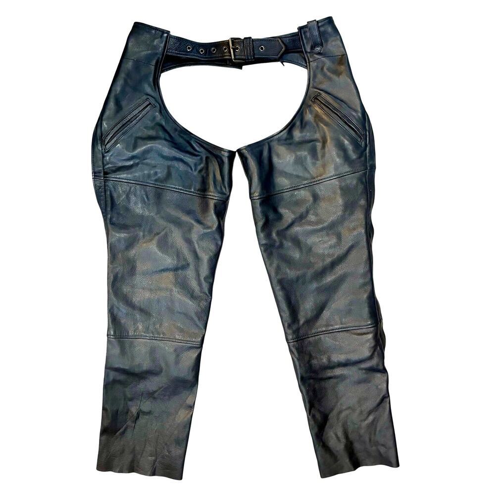 XPERT Performance Gear Men's Black Leather Motorcycle Chaps Size W/Pockets, L